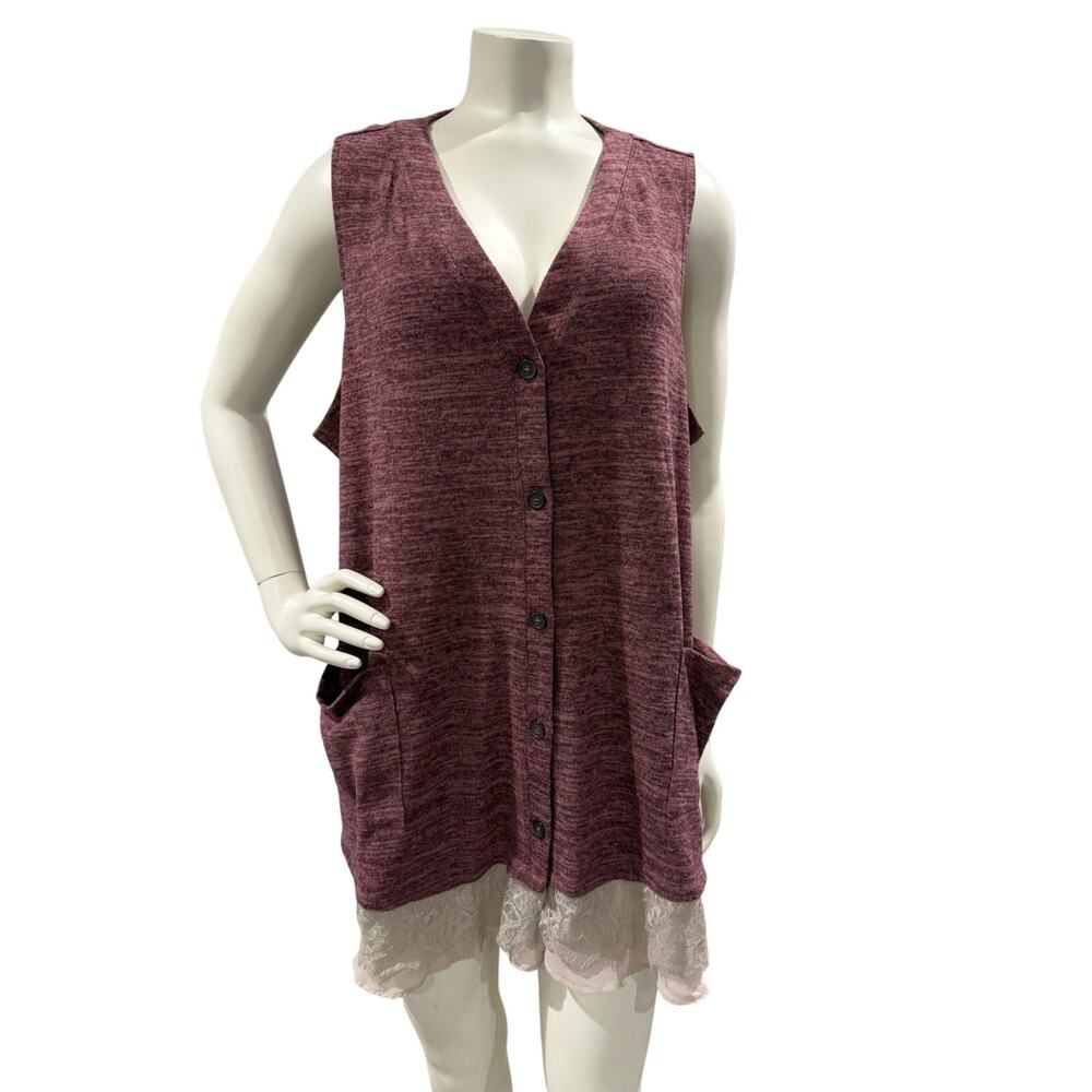 LOGO Lori Goldstein Button Down Purple Sleeveless Vest Front Lace Trim Womens 1X
